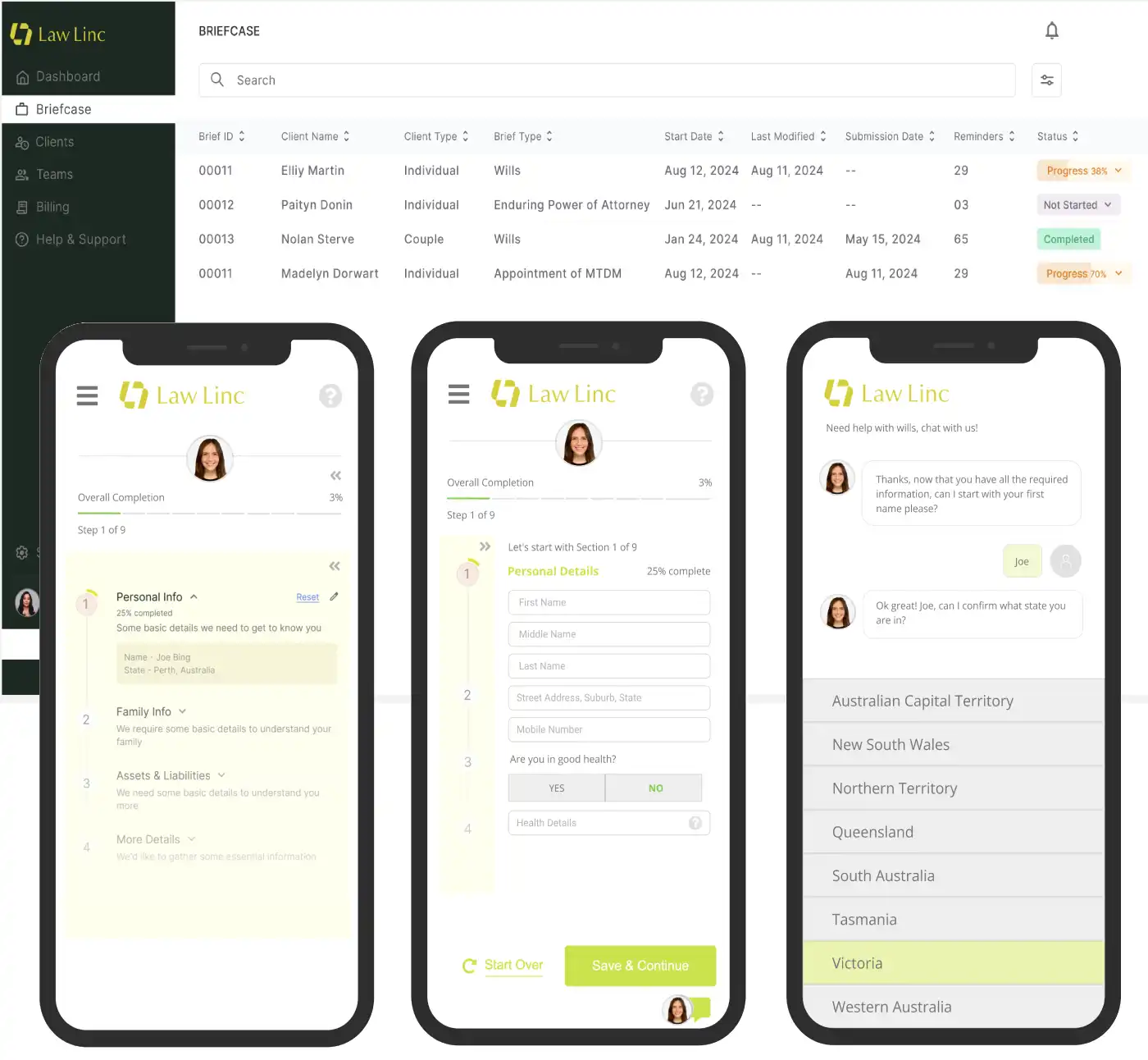 Law Linc AI Estate Planning Onboarding Product Screens